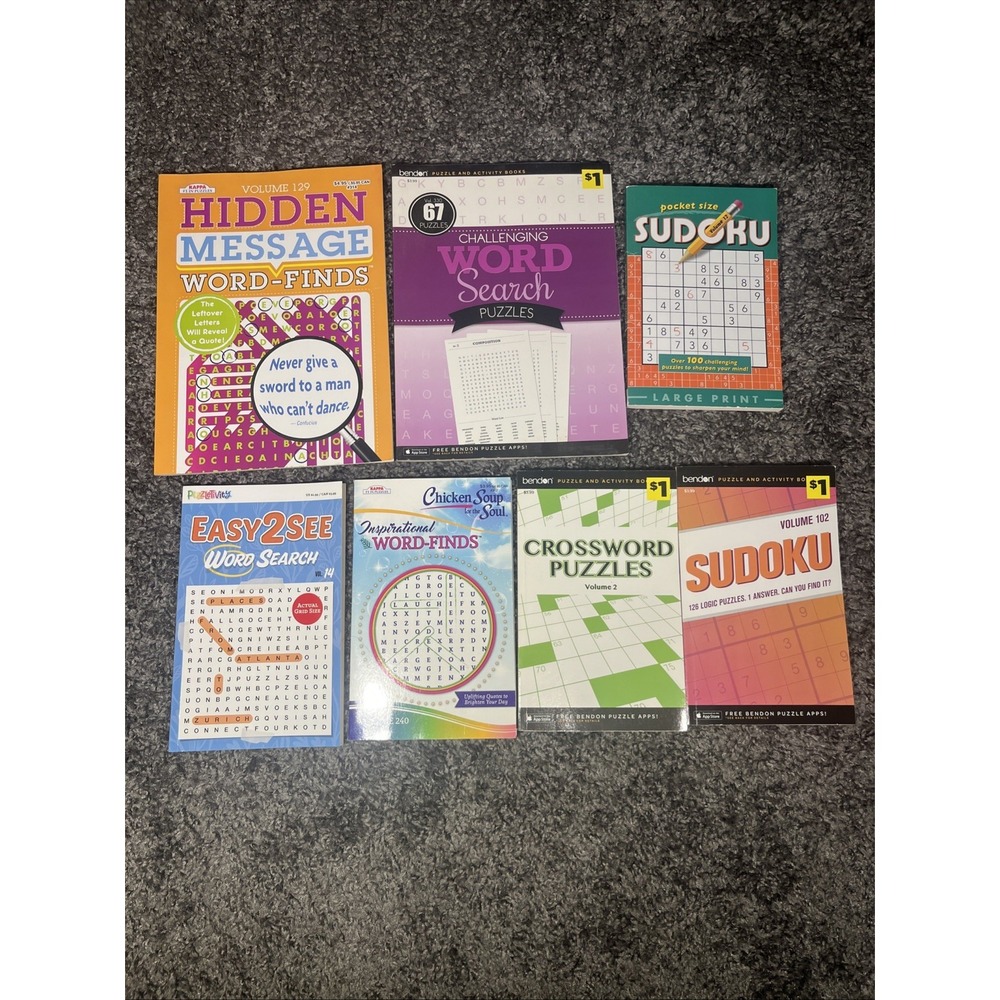 Puzzle Book Lot-7 Total- 4 Word Finds/searches, 2 Sudoku, 1‎ Crossword